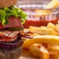 Bacon Cheeseburger · Served with pickles, lettuce, tomato and French fries.