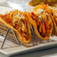 Paneer Tacos (3 Pcs) · Spicy. Crumbled paneer, carrot, cabbage, Mexican and goat cheese, sriracha ranch, crispy she...