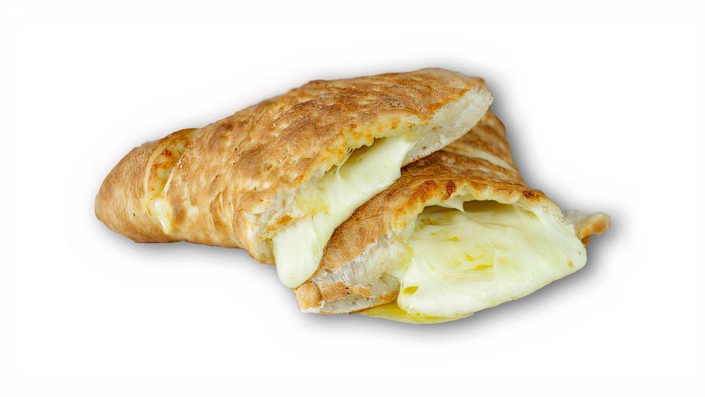 Calzone Style Cheese Bread · Calzone shaped Cheesy Bread with loaded Mozzarella Cheese inside & on the top, glazed with garlic sauce.