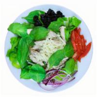 Grilled Chicken Salad And Wings · Fresh green lettuce mix, tomatoes, black olives, red onions, bell peppers, shredded mozzarel...