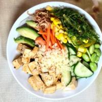 Veggie Bowl · Vegetarian. Vegan. Tofu in hawaiian sauce, avocado, seaweed salad, cucumber, carrots, corn, ...