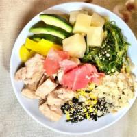 Hei Hei Bowl · Grilled chicken in umami shoyu sauce, pineapple, avocado, corn, takuan, seaweed salad, tempu...