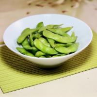 Edamame · Boiled lightly salted steamed soy beans.