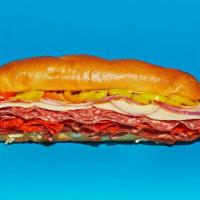 Italian Hoagie · Salami, pepperoni, and ham, with provolone, lettuce, tomato, red onion, and mayo on a hoagie...