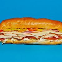 Turkey Hoagie · Sliced turkey with tomato, onion, lettuce, mayo, and provolone on a hoagie roll.