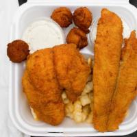 Croaker Fish Box · Served with slaw hush puppies tartar sauce and fries.