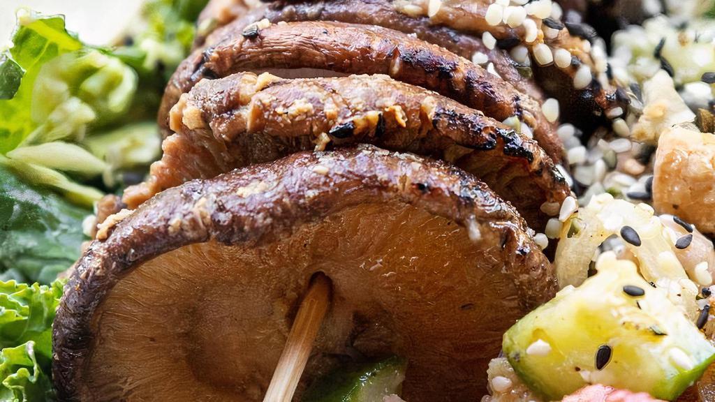 Shiitake Kebab · Several locally-sourced shiitake mushrooms marinated in a tamari, miso and ginger sauce before being grilled to order.