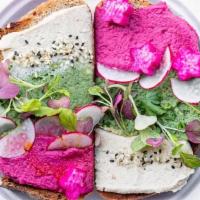 Rainbow Toast · A toasted slice of Verdant Bread's rustic Country Loaf smeared with our Smoked Chickpea Humm...