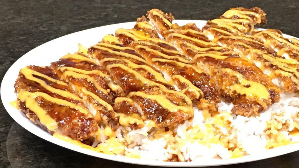 Chicken Katsu · Crispy Panko Crusted White Meat Chicken - Perfectly Sliced and Drizzled in Savory Brown Sauce & Yum Yum Sauce over Steamed White Rice - (NO Substitution)