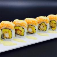 Hawaii Roll · Spicy. Cooked. Tempura shrimp and mango with spicy crab meat on top. Spicy. Sauce: honey and...