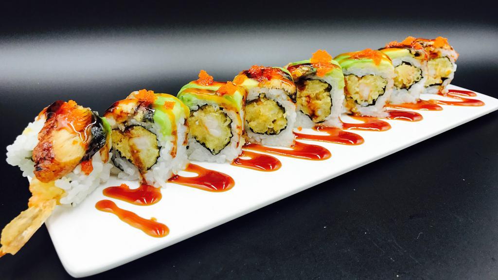 King Roll · Shrimp tempura with eel and avocado on top. Sauce: eel sauce & masago.