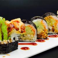 Spider Roll · Fried soft shell crab, lettuce, fish egg and cucumber. Sauce: cel sauce.