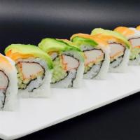 Queen Roll · Raw. Crab meat and cucumber with salmon and avocado on top.