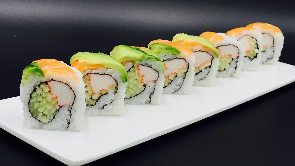 Queen Roll · Crabmeat & cucumber topped with salmon & avocado.