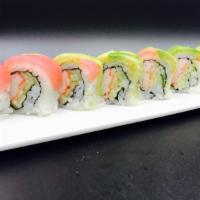 Hollywood Roll · Raw. Crab meat and cucumber with tuna and avocado on top.