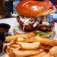 Quarter Lb Burger With Fries · Soy free. Beyond Beef burger flame grilled served with lettuce, tomato, onions, pickles, spe...