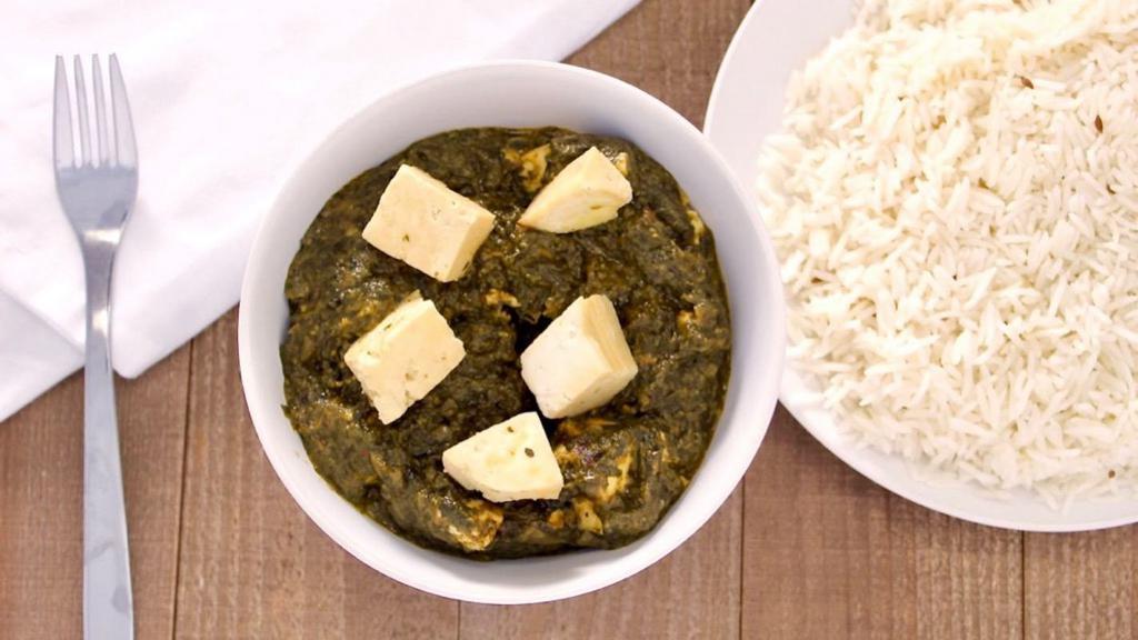 Palak Paneer · Gluten Free.  Slow cooked Creamed Style Spinach, Homemade Indian Cheese