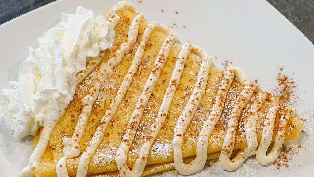 Cinnamon Roll Crepe · Cinnamon sugar and butter served in a gourmet crepe and topped with whipped cream, cinnamon and our housemade brown sugar cream cheese sauce.