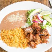 Pork Carnitas · Tender pulled pork slow cooked with herbs and spices. Served with Mexican rice, refried bean...