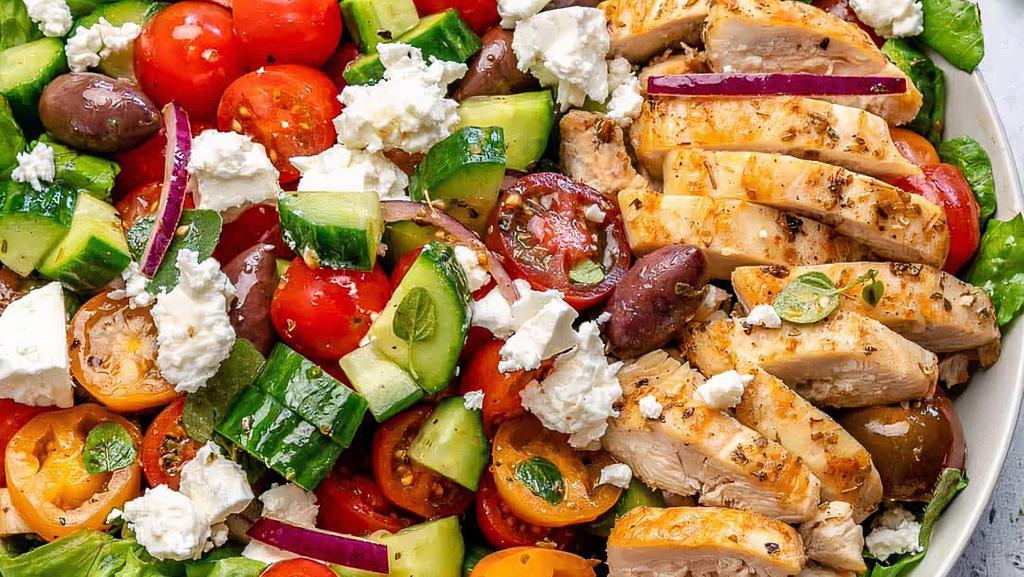 Chicken Salad · Shawarma chicken over Greek Salad topped with balsamic dressing