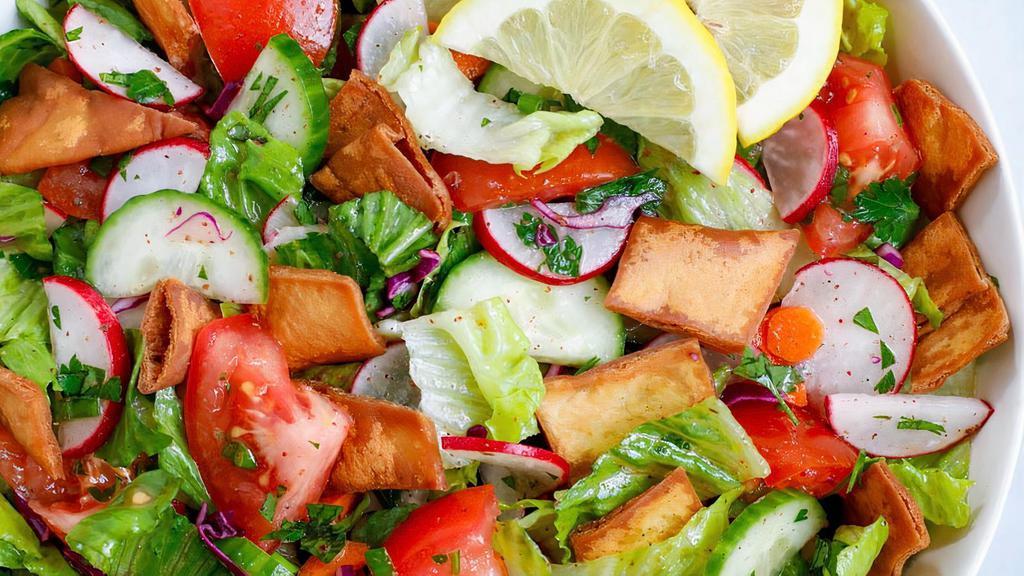 Mediterranean Salad · Lettuce, tomatoes, green onion, cucumber, lemon, parsley, mint, olive oil and garlic paste dressing.