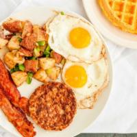 Grandpa’S Big Breakfast · Two eggs, home fries or hash browns, bacon and sausage and choice of pancake, waffle or Fren...
