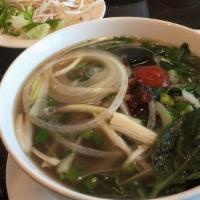 Pho Tai, Nam, Sach · Pho with round steak, well done flank and tripe.