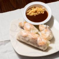 Spring Rolls · 2 pieces. Goi cuon. Fresh cucumbers, lettuce, cilantro, beansprouts, white rice, noodles, wr...