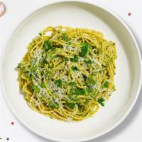 Pesto Pasta · Fresh basil leaves, garlic, grated parmesan cooked with spaghetti.