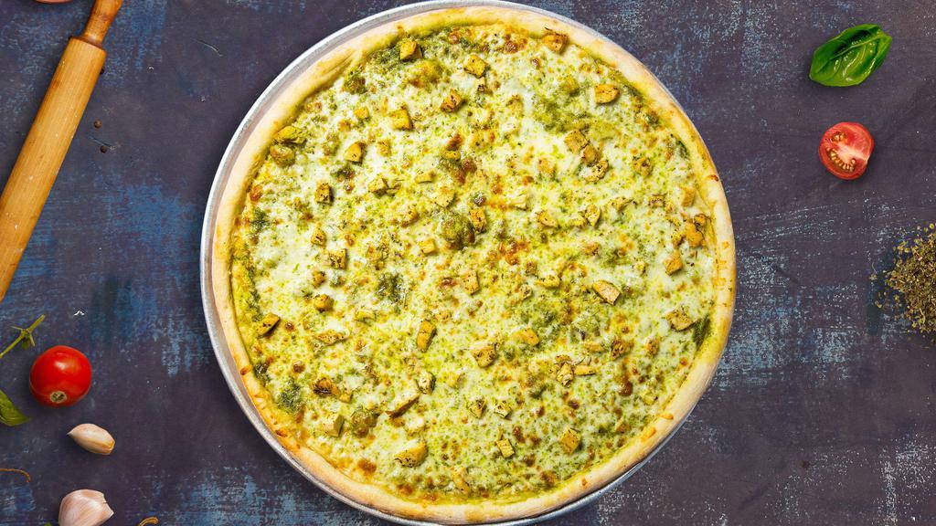Chicken Pesto Pizza · Take your pick of our famous house made or gluten-free dough topped with pesto sauce, chicken, tomato, green peppers and premium mozzarella.