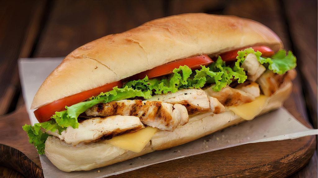 Bb'S Grilled Chicken Sandwich · Marinated chicken breast, pesto, roasted red pepper, lettuce, tomato, onions and provolone cheese on a bun.