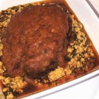 Egusi - [Melon Soup · Pureed melon seed (egusi) perfectly simmered with kale, scotch bonnet, palm oil and garnishe...