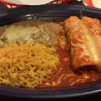 Enchiladas Mexicanas · 3 enchiladas on a red sauce, topped with lettuce, onion, radishes, fresh cheese,rice and bea...