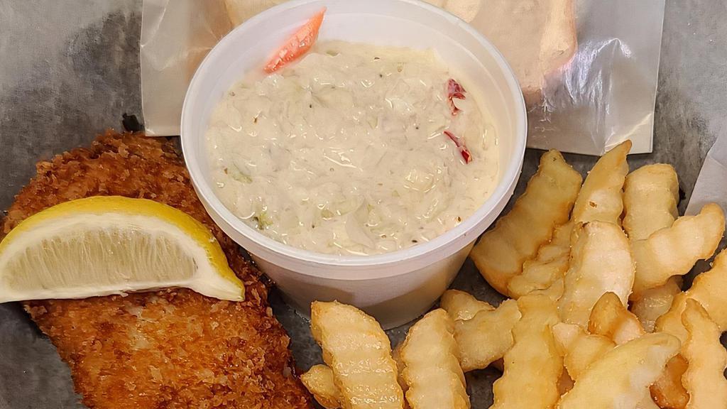 Large Fish Basket · TWO PIECES OF FRIED COD, FRIES, COLESLAW, HUSHPUPPIES, AND 2 SLICES OF BREAD.