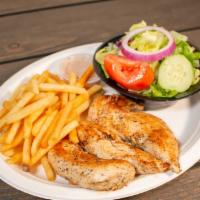 Grilled Chicken Tenders · Salad, fries and dinner roll.
