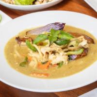 Green Curry · Green curry sauce mixed with eggplants, bamboo shoots, carrots, bell peppers & Thai basil le...