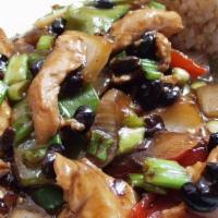Chicken With Black Bean Sauce (Pint) · Chicken with green peppers, onions and carrots in a spicy black sauce. With white rice.
