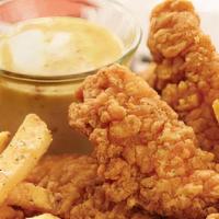 Hand Breaded Chicken Tender Basket · 4 Crispy hand breaded tenders served with your choice of side. Comes naked or with your choi...
