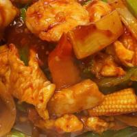 Szechuan Shrimp & Chicken · Hot and spicy. Jumbo shrimp and chicken sautéed with assorted vegetable in szechuan spicy sa...