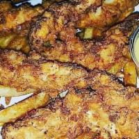 Chicken Tenders · Five grilled or fried tenders with choice of dipping sauce. Side of fries or kettle chips.