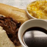 French Dip · Tender roast beef, provolone cheese. Served on a hoagie roll. Side of au jus.