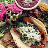 3 Taco Plate · Plates served with your choice of 2:
black beans, cilantro rice, side salad, pickled vegetab...