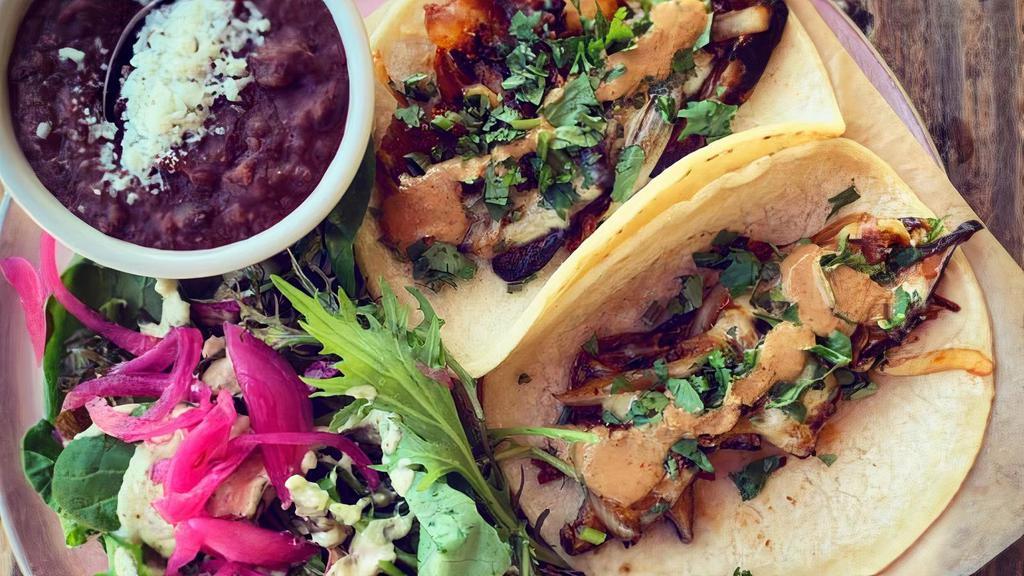 2 Taco Plate · Plates served with your choice of 2:
black beans, cilantro rice, side salad, pickled vegetables