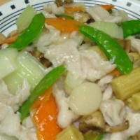 Cn 13. Moo Goo Gai Pan · Stir fried chicken and vegetables.