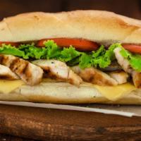 Grilled Chicken Sub · Yummy grilled chicken sub sandwich with lettuce, tomatoes, and cheese. Served with mayo and ...