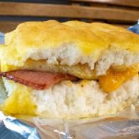 Country Ham, Egg & Cheddar Buttermilk Biscuit Sandwich · Country ham egg & cheddar buttermilk biscuit sandwich