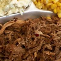 Pulled Chicken Bbq Dinner · Pork chicken with two regular sides and choice of biscuit or cornbread.