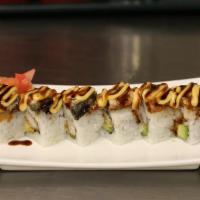 Dragon Roll (8) · Shrimp tempura, avocado topped with eel, spicy mayo, eel sauce.