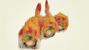 Volcano Roll · Spicy snow crab and cream cheese deep-fried and topped with shrimp tempura. Served with spic...