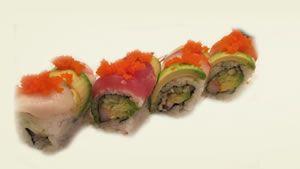 Rainbow Roll · Crabmeat, avocado, and cucumber inside. Topped with salmon, tuna, yellowtail, and avocado. *...